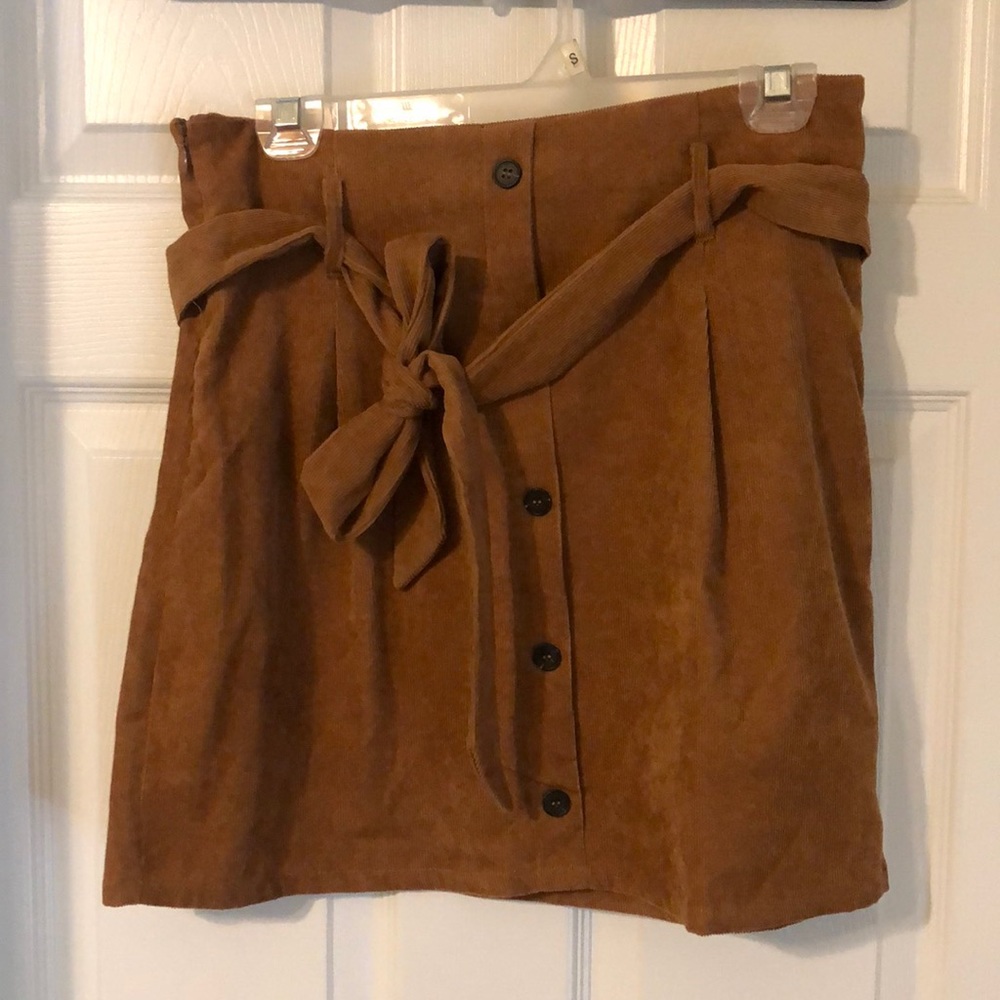 Tan corduroy button and tie high waisted skirt